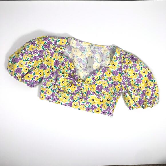 River Island floral Puffed Sleeve tie front crop top Yellow and Purple size 14 - Picture 5 of 14